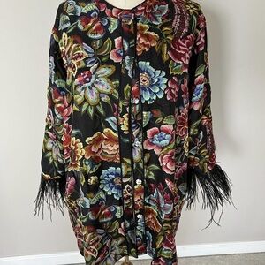 JOHNNY WAS Lewella Floral Kimono with Feather Trim - REVERSIBLE -